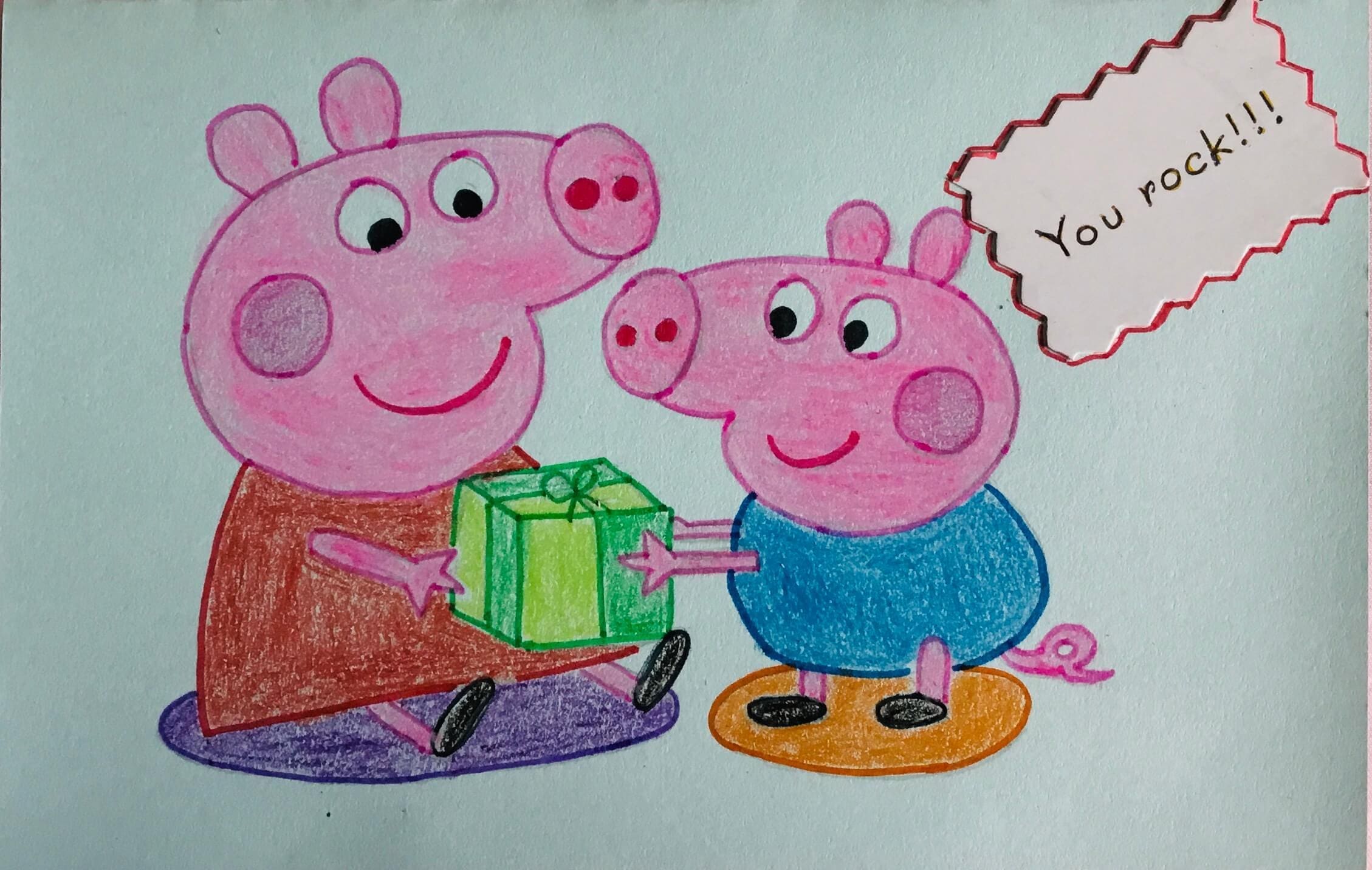 Drawing of Peppa Pig and her brother. On the card it is written You rock.