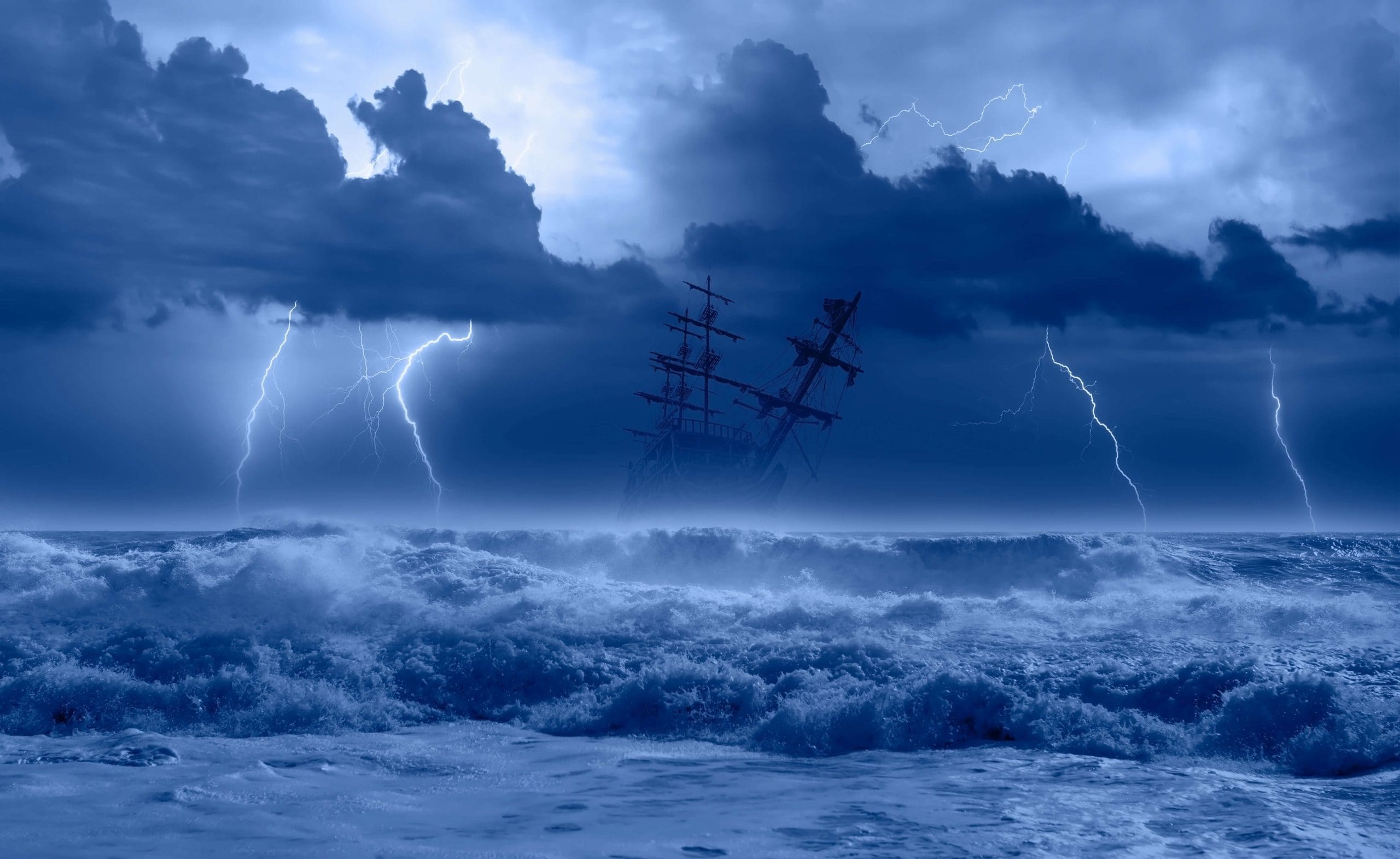 Digital art representing a ship on the sea in the middle of a strong storm.