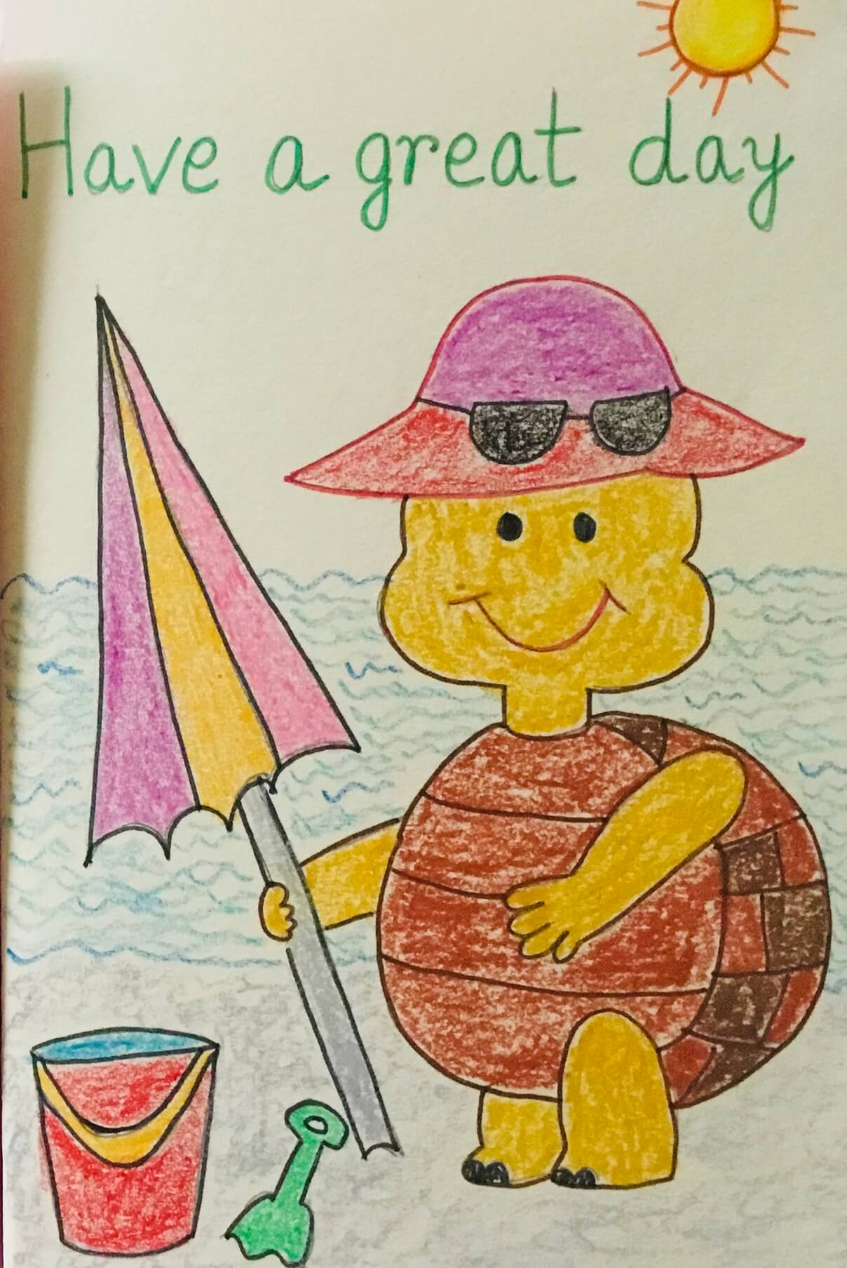 Drawing of a smilling turtle with a hat on its head and sunglasses. On the card is written Have a great day.